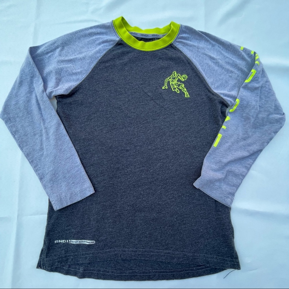 Andi Jersey Top Boys Size 6/7 Grey/Green Lightweight Long Sleeve Tee Shirt